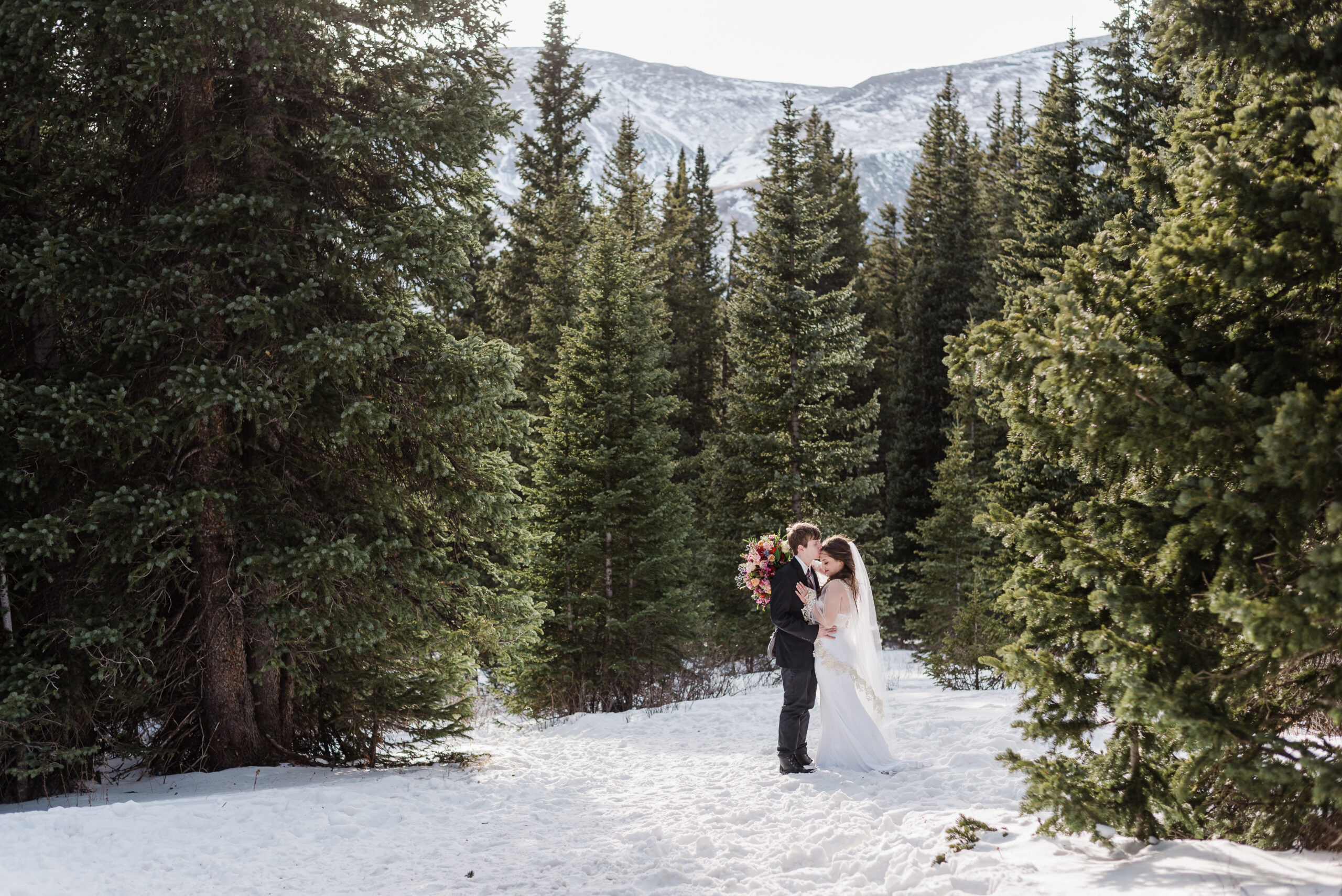 A zoomed out shot of bride and groom kissing surrounded by pine trees on a snowy mountain top 