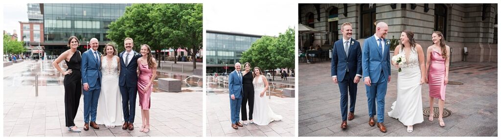 A wedding party stands together outside Denver Union station to pose for a Denver photographer
