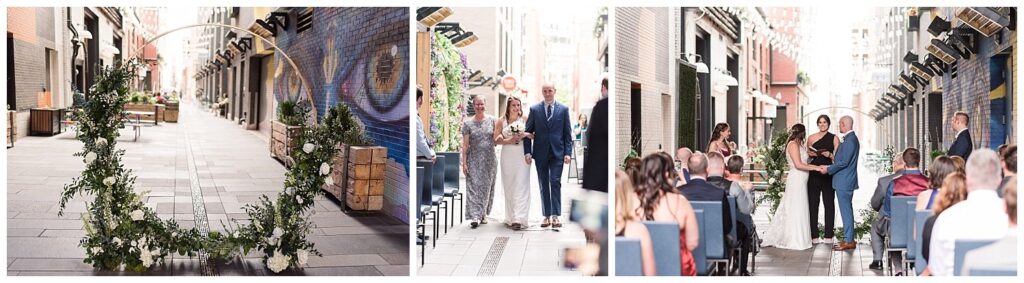The mother and brother of the bride walk her down the isle for a Denver photographer in the alley at The Maven Hotel.