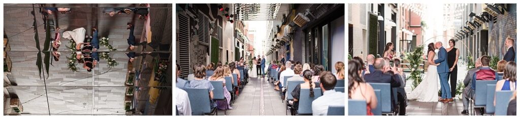 A Colorado wedding photographer captures a wedding ceremony in the alleyway at The Maven Hotel in Denver
